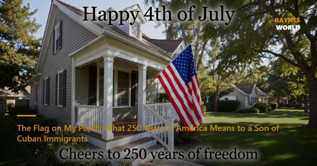 American flag flying on a home's front porch on July 4th, the 250th anniversary of American independence