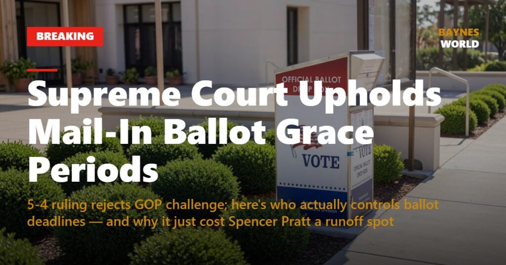 Mail-in ballot envelopes with BREAKING Politics badge overlay, Supreme Court ruling headline